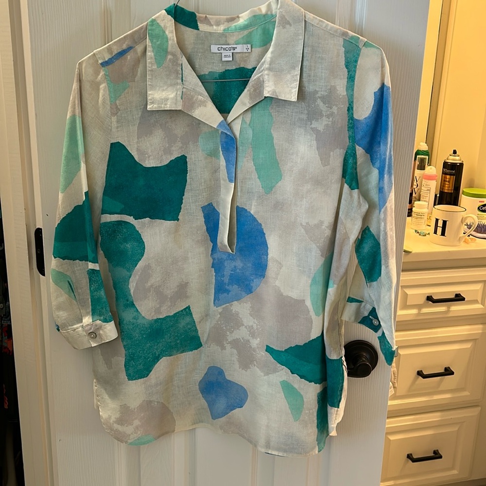 Chicos linen no iron shirt 3/4 sleeve button back detail sz 8